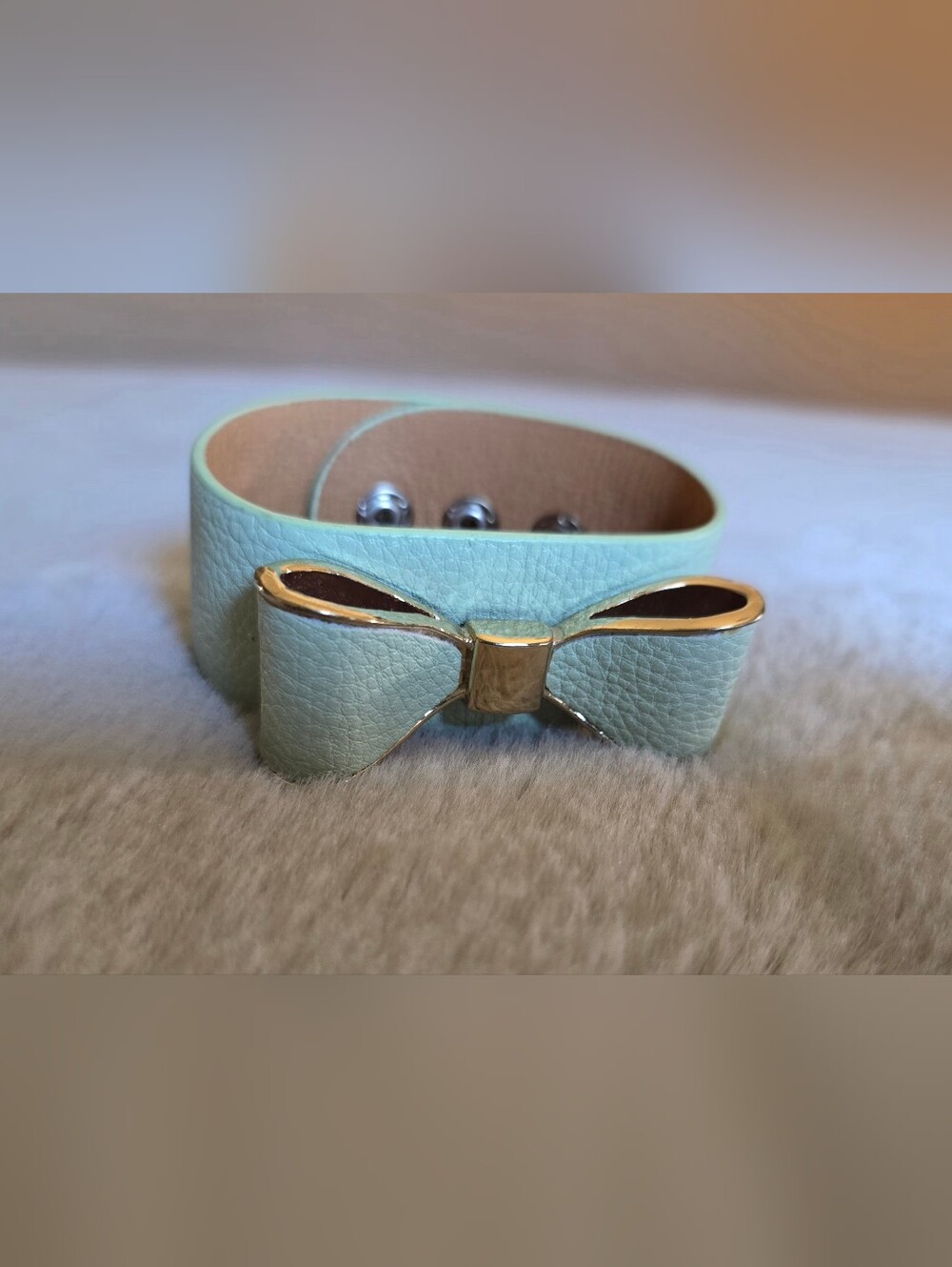Mint Green Faux-Leather Bow Cuff Bracelet W/ Gold Trim Accents